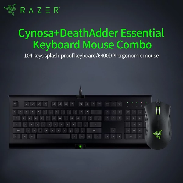 Razer Gaming billentyűzet egér Combo Cynosa 104 billentyűs Vezetékes játékbillentyűzet DeathAdder Essential 6400 DPI Ergonomikus egérkészlet - Fekete