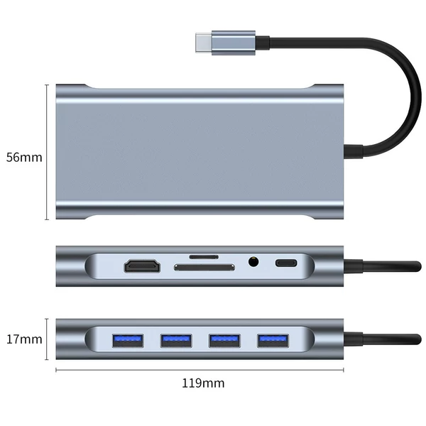 C típusú 11 az 1-ben hub alumíniumötvözet ház USB2.0 USB3.0 HD VGA PD RJ45 portokkal SD TF kártyanyílások 3,5 mm-es audio interfész