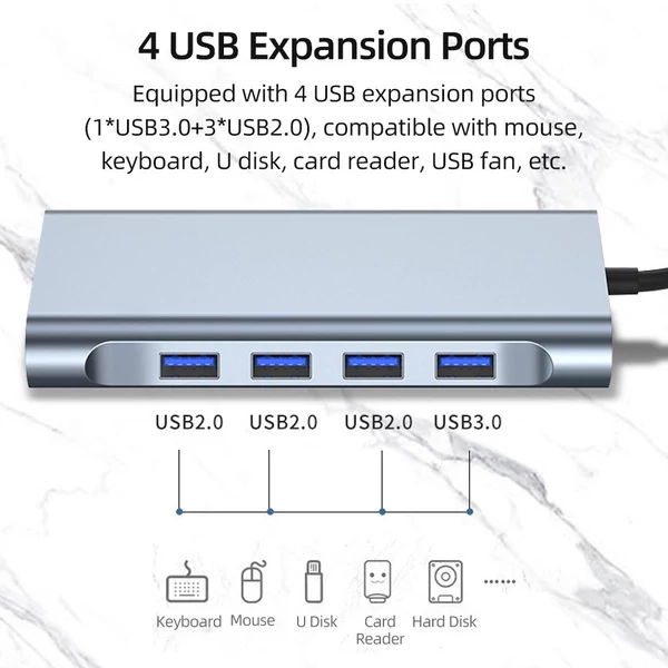 C típusú 11 az 1-ben hub alumíniumötvözet ház USB2.0 USB3.0 HD VGA PD RJ45 portokkal SD TF kártyanyílások 3,5 mm-es audio interfész