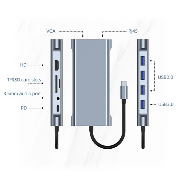 C típusú 11 az 1-ben hub alumíniumötvözet ház USB2.0 USB3.0 HD VGA PD RJ45 portokkal SD TF kártyanyílások 3,5 mm-es audio interfész