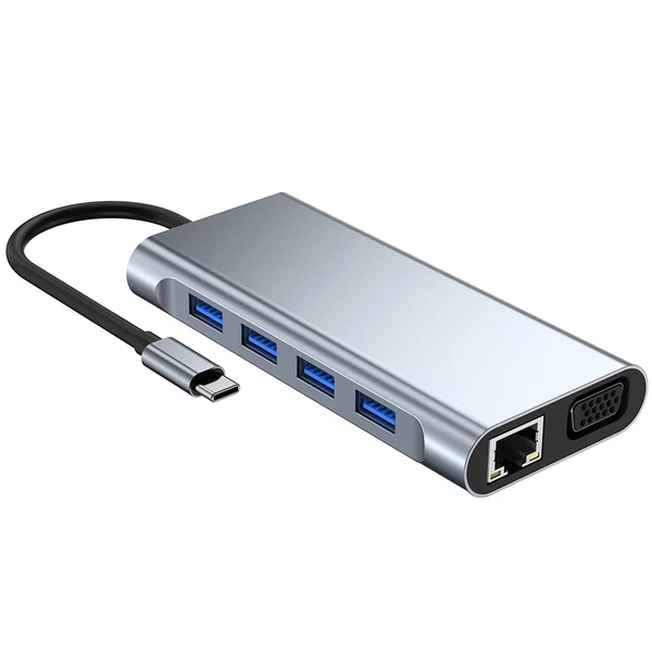 C típusú 11 az 1-ben hub alumíniumötvözet ház USB2.0 USB3.0 HD VGA PD RJ45 portokkal SD TF kártyanyílások 3,5 mm-es audio interfész