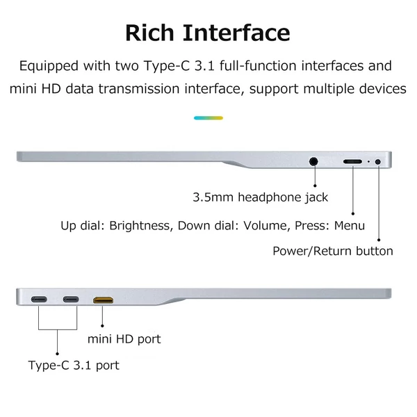 15,6 hüvelykes hordozható monitor IPS képernyő 1920*1080 felbontás 170°-os betekintési szög 60Hz frissítési gyakoriság - Ezüst