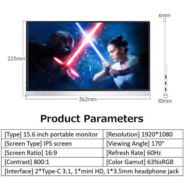 15,6 hüvelykes hordozható monitor IPS képernyő 1920*1080 felbontás 170°-os betekintési szög 60Hz frissítési gyakoriság - Ezüst