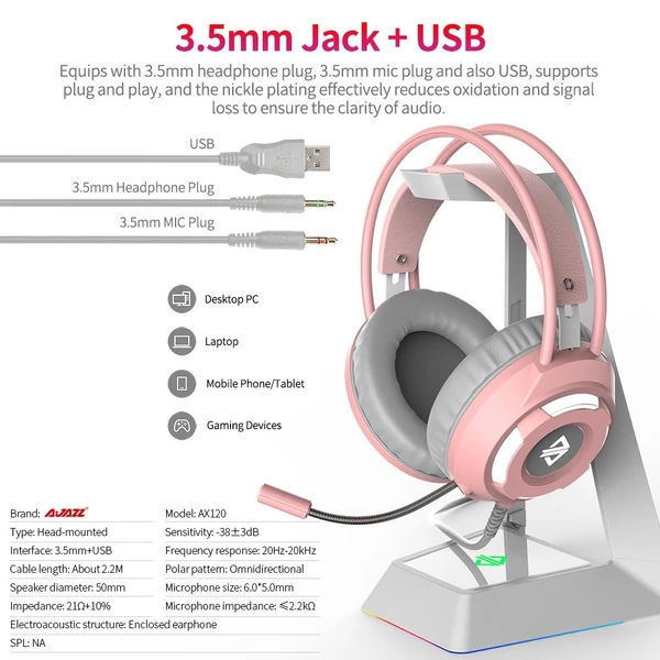 Ajazz AX120 USB 3,5 mm-es vezetékes sztereó játékfejhallgató zajszűrővel, mikrofonnal, 50 mm-es fehér meghajtóegységgel - Pink