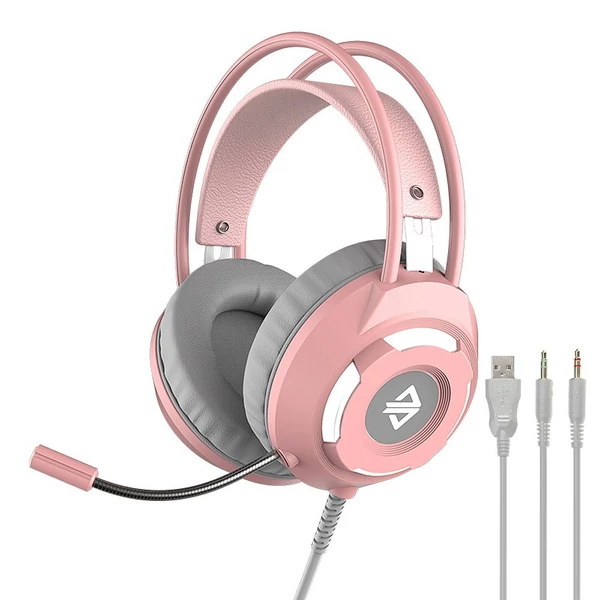 Ajazz AX120 USB 3,5 mm-es vezetékes sztereó játékfejhallgató zajszűrővel, mikrofonnal, 50 mm-es fehér meghajtóegységgel - Pink