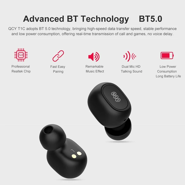 QCY T1C Bluetooth 5.0 TWS fülhallgató - Fekete