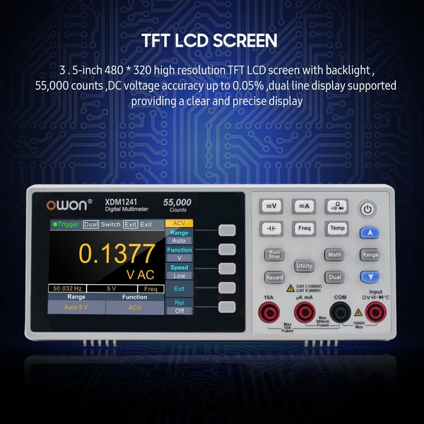 Owon XDM1241 Mini asztali digitális multiméter, nagy pontosságú True RMS univerzális mérő 3,5 hüvelykes TFT LCD képernyővel