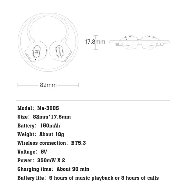 UL Me-300S vezeték nélküli fülhallgató Bone Conduction BT Music összecsukható fejhallgató - Fekete