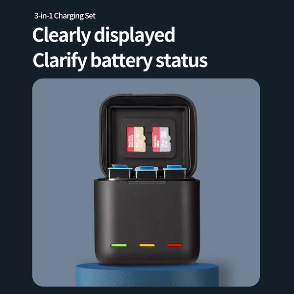 TELESIN többfunkciós 3 utas akkumulátortöltő tároló töltődoboz 2 elemmel GoPro Hero 10 9-hez