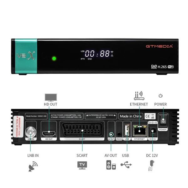 GTMEDIA V8X LA DVB-S/S2/S2X TV jelvevő támogatás MU3 IKS beltéri egység SCART OUT CA kártyahely Beépített 2.4G WiFi H.265