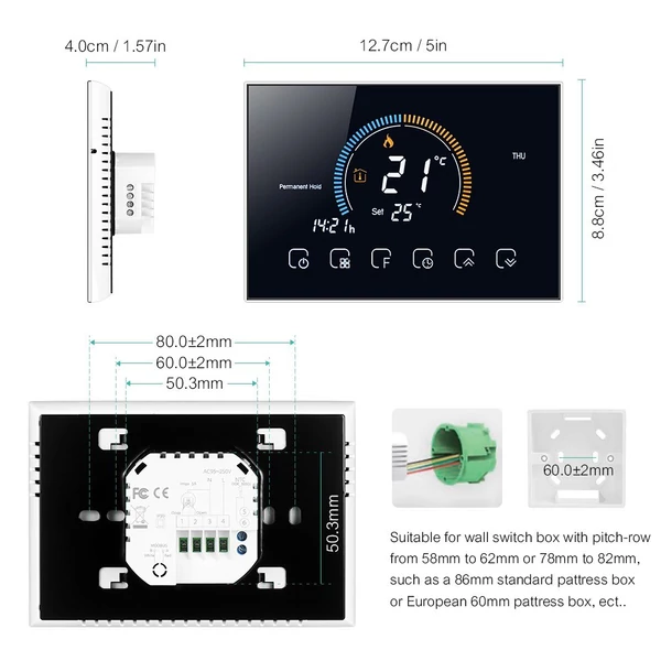 95-240V programozható termosztát 5+1+1 hat periódusos érintőképernyős LCD - Fekete Wifi nélkül