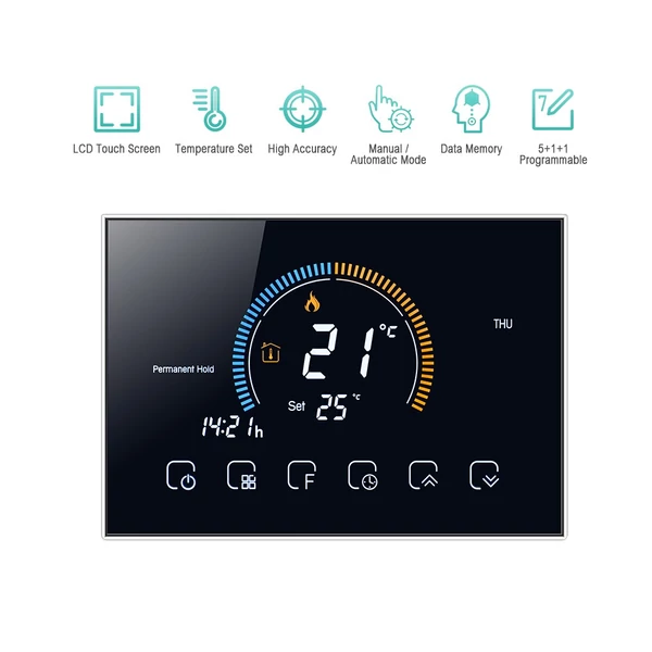 95-240V programozható termosztát 5+1+1 hat periódusos érintőképernyős LCD - Fekete Wifi nélkül