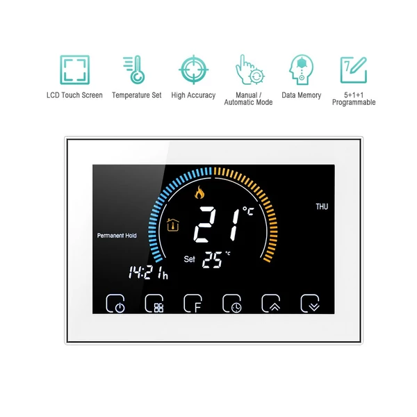 95-240V programozható termosztát 5+1+1 hat periódusos érintőképernyős LCD - Fehér Wifi nélkül