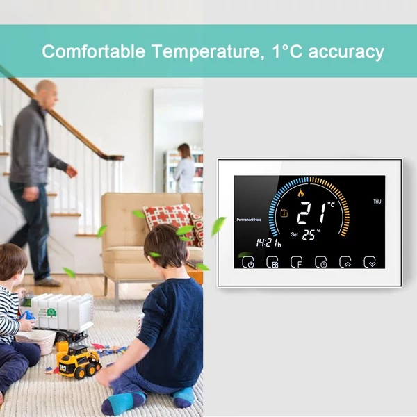 95-240V programozható termosztát 5+1+1 hat periódusos érintőképernyős LCD - Fehér Wifi nélkül