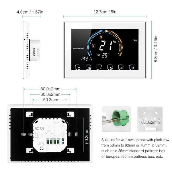 95-240V programozható termosztát 5+1+1 hat periódusos érintőképernyős LCD - Fehér Wifi nélkül