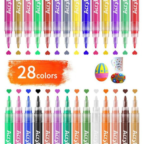 Akril festék jelölő tollak 28 élénk színű szett sziklához, kőhöz, fémhez, üveghez, fához, kerámiához, porcelán bögréhez, műanyaghoz, szövethez, vászonfestéshez - 0,7 mm-es tollhegy