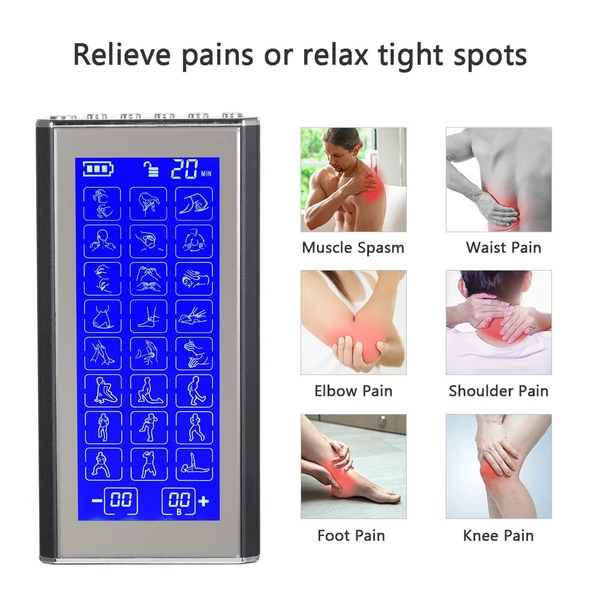 2 csatornás TENS EMS stimulációs eszköz 24 üzemmóddal és 20 erősségi szinttel, állítható impulzusmasszírozó izomstimulátorral - Fekete
