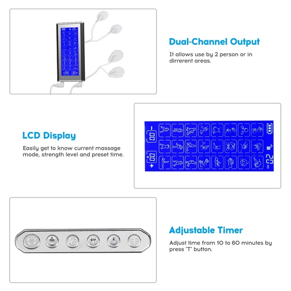 2 csatornás TENS EMS stimulációs eszköz 24 üzemmóddal és 20 erősségi szinttel, állítható impulzusmasszírozó izomstimulátorral - Ezüst