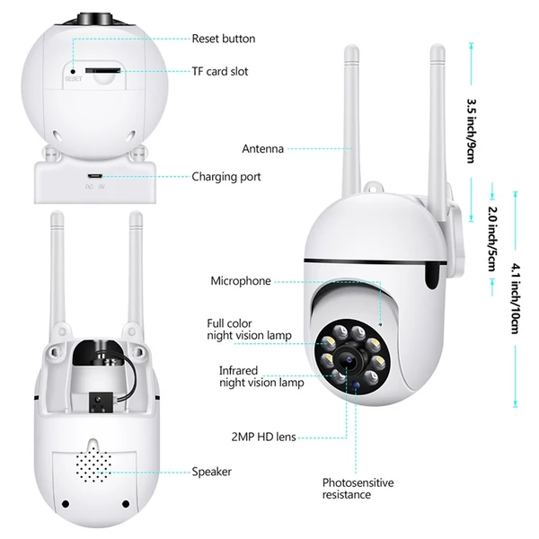 1080P mini PTZ 2 MP biztonsági WiFi kamera éjjellátó mozgásérzékeléssel, 2-utas audio 2.4 és 5GHZ kettős frekvenciával