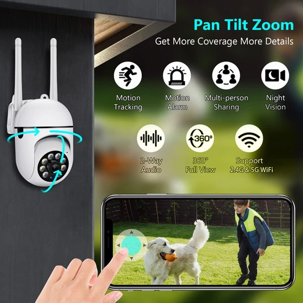 1080P mini PTZ 2 MP biztonsági WiFi kamera éjjellátó mozgásérzékeléssel, 2-utas audio 2.4 és 5GHZ kettős frekvenciával