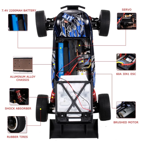 Wltoys 124018 1/12 2,4 GHz 60 km/h terepjáró drift autó RTR 4WD alumíniumötvözet alvázzal, cinkötvözet hajtóművel - 1 akkumulátor