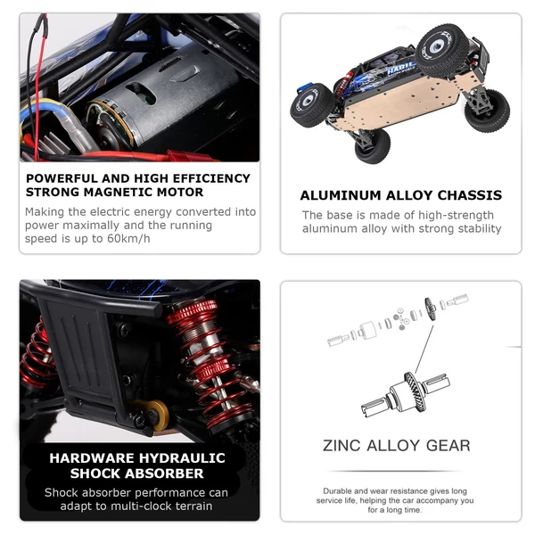 Wltoys 124018 1/12 2,4 GHz 60 km/h terepjáró drift autó RTR 4WD alumíniumötvözet alvázzal, cinkötvözet hajtóművel - 1 akkumulátor