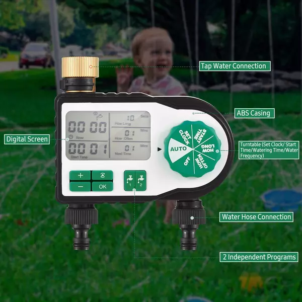 Digitális intelligens programozott öntözési időzítő 2 tömlőcsatlakozós öntözésvezérlővel gyepszőnyeghez, udvari üvegházhoz - Zöld