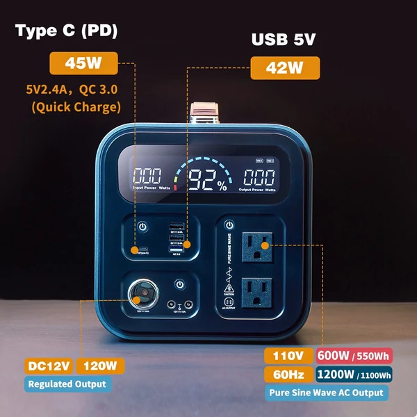 Flashfish UA1100 hordozható 297600mAh/1100Wh napelemes generátor 3 töltési móddal LED lámpával szabadtéri kempingezéshez - 1200W