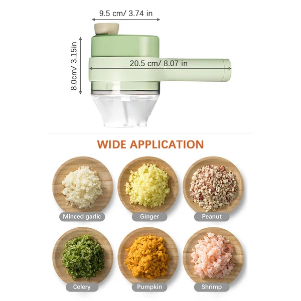 4 az 1-ben kézi vezeték nélküli elektromos zöldségaprító és húsdaráló készlet USB tápellátással - Zöld