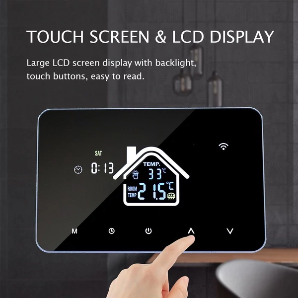 Intelligens WiFi termosztát hőmérséklet-szabályozó LCD érintőképernyő heti programozható - padlófűtéshez, elektromos fűtéshez, App  hangvezérléssel