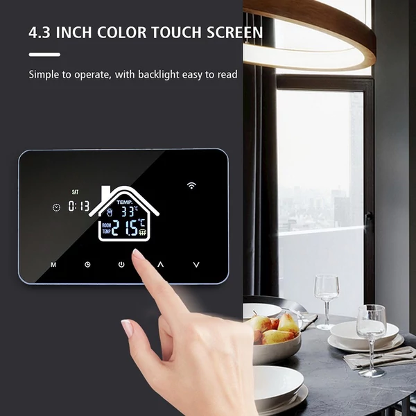 Intelligens WiFi termosztát hőmérséklet-szabályozó LCD érintőképernyő heti programozható - padlófűtéshez, elektromos fűtéshez, App  hangvezérléssel
