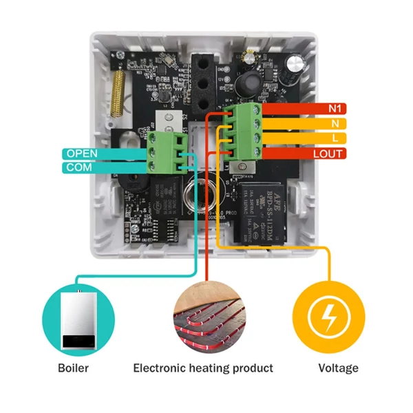 Intelligens kazán termosztát WIFI alkalmazással és hangvezérléssel Színes LCD kijelző, digitális programozható - Fekete