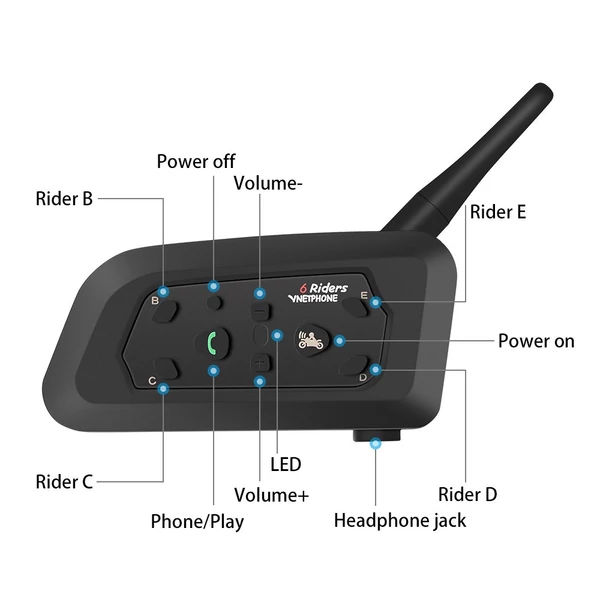 VNETPHONE V6-1200 motoros sisak valós idejű BT fejhallgató CSR chip IP65 vízálló - Fekete, 1 db