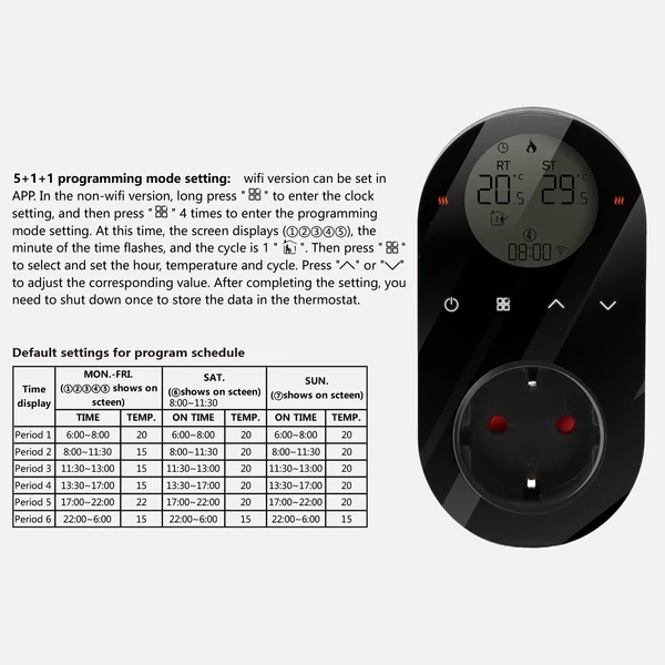 Digitális termosztát 16A kimeneti csatlakozó hőmérséklet-szabályozó 5+1+1 hat periódussal és fűtési és hűtési mód - Wifi nélkül - Fekete