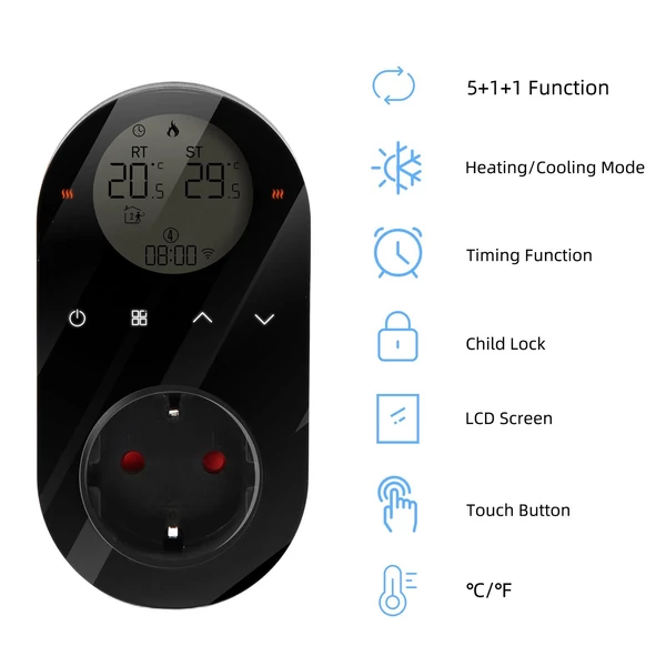 Digitális termosztát 16A kimeneti csatlakozó hőmérséklet-szabályozó 5+1+1 hat periódussal és fűtési és hűtési mód - Wifi nélkül - Fekete