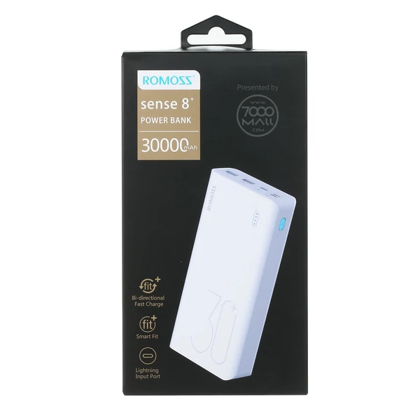 ROMOSS Sense 8+ Power Bank 30000mAh QC PD 3.0 hordozható külső gyorstöltő - Fehér