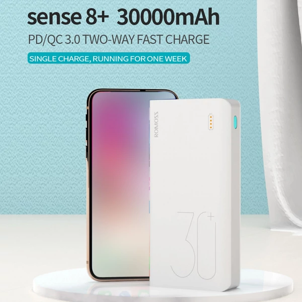 ROMOSS Sense 8+ Power Bank 30000mAh QC PD 3.0 hordozható külső gyorstöltő - Fehér