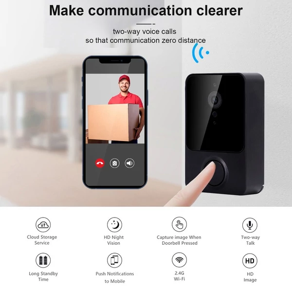 Intelligens biztonsági videó csengő kaputelefon Wi-Fi PIR HD kamerával és mozgásérzékeléssel, infravörös riasztóval - Fekete