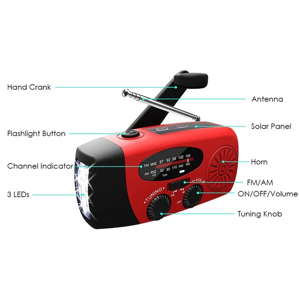 Sürgősségi rádiós kézi forgattyús napelem 1200 mAh AM / FM / NOAA vészhelyzeti időjárási rádió hordozható tápegység - Piros
