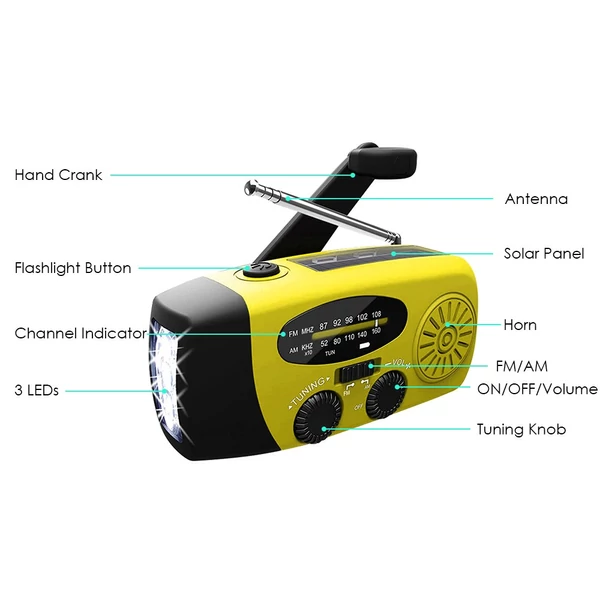 Sürgősségi rádiós kézi forgattyús napelem 1200 mAh AM / FM / NOAA vészhelyzeti időjárási rádió hordozható tápegység - Sárga