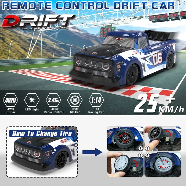 1/14 2,4 GHz-es 4WD 25 km/h RC Drift versenyautó RTR 2 akkumulátorral