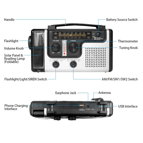 Kézi forgattyús napelemes rádió 1200 mAh Power Bank LED zseblámpa olvasó lámpa SOS sziréna AM / FM / SW1 / SW2 vevő Mobiltelefon töltő Beépített hangszóró fülhallgató csatlakozó kempingezéshez, túrázáshoz - Ezüst BT funkció nélkül