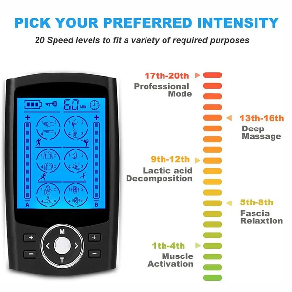 2 csatornás TENS&EMS stimulációs eszköz 24 üzemmóddal és 20 erősségi szinttel, állítható impulzusmasszírozó izomstimulátorral - Fekete