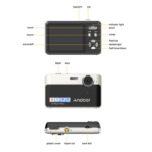 Andoer 4K kompakt digitális fényképezőgép videokamera 48MP 2,4 hüvelykes IPS képernyő - Fekete