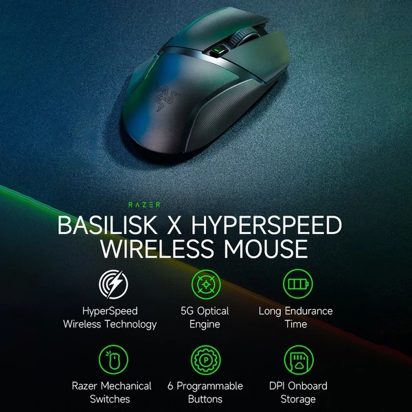 Razer Basilisk X HyperSpeed vezeték nélküli egér Razer HyperSpeed vezeték nélküli + BT kétmódú játékegér 16000 DPI 6 programozható gomb