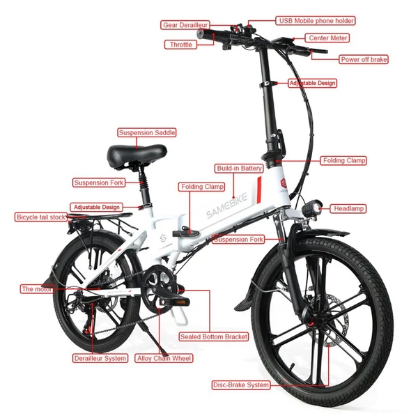 Samebike 20LVXD30-II elektromos kerékpár 48V 350W 10AH akkumulátor Max sebesség 25km/h - Fehér