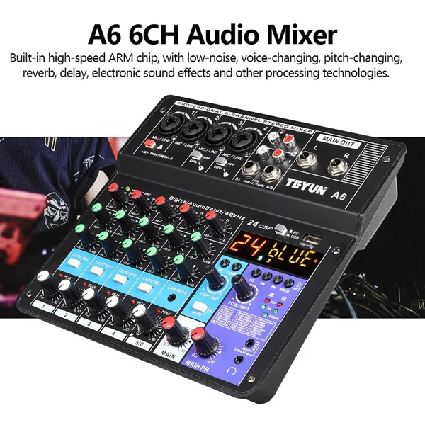 A6 6 csatornás hordozható mini mixer audiokonzol hangkártyával