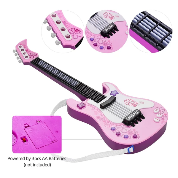 Kids Little Gitar ritmus fényekkel és hangokkal Oktató elektromos hangszer játék kisgyermekeknek - Pink