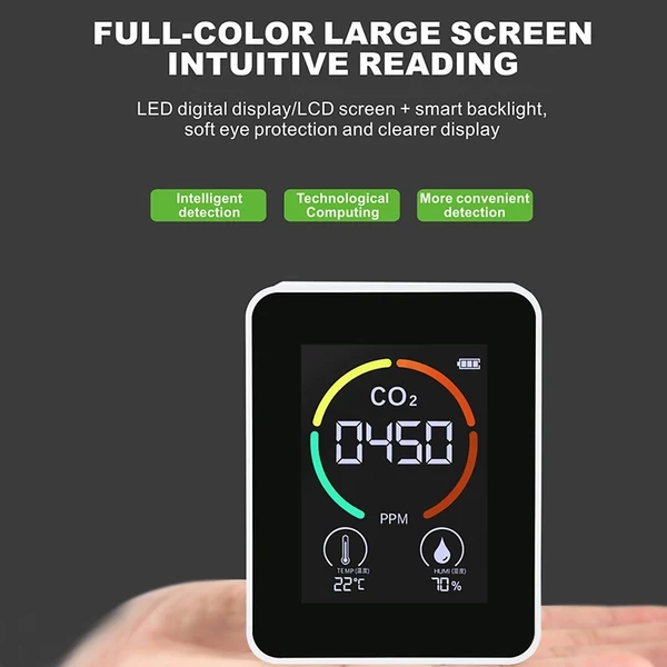 Háztartási levegőminőség érzékelő, többfunkciós CO2/hőmérséklet/páratartalom monitor szén-dioxid PPM félvezető érzékelő LED kijelző - Fehér
