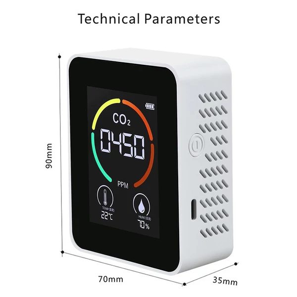 Háztartási levegőminőség érzékelő, többfunkciós CO2/hőmérséklet/páratartalom monitor szén-dioxid PPM félvezető érzékelő LED kijelző - Fehér